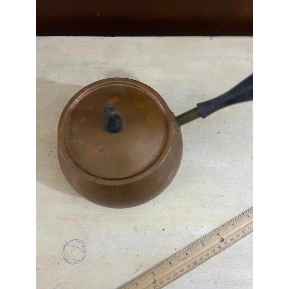 Vintage Copper Fondue Pot with Lid and Wooden Handle Rustic Kitchen Decor‎